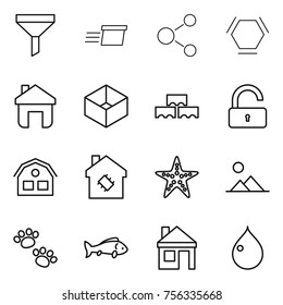 Thin line icon set : funnel, delivery, molecule, hex, home, box, block wall, unlock, house, smart, starfish, landscape, pets, fish, drop