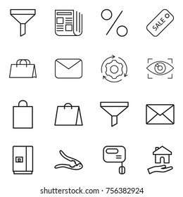 Thin line icon set : funnel, newspaper, percent, sale, shopping bag, mail, around gear, eye identity, fridge, walnut crack, mixer, housing