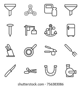 Thin line icon set : funnel, spinner, scales weight, nail, loading, anchor, fridge, stands for knives, pan, garlic clasp, big fork, knife, scissors, horseshoe, water pump