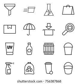 Thin line icon set : funnel, delivery, flask, shopping bag, package box, dry cargo, search, uv cream, ketchup, barrel, bucket, sprayer, garbage, trash bin