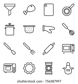 Thin line icon set : funnel, chicken leg, cutting board, pan, colander, cook glove, whisk, spatula, big fork, rolling pin, microwave oven, grill, induction, pasta, apron