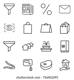 Thin line icon set : funnel, newspaper, percent, mail, eye identity, shopping bag, houses, fountain, fridge, walnut crack, mixer, steake, housing