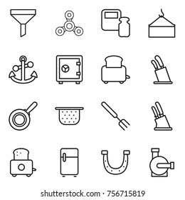 thin line icon set : funnel, spinner, scales weight, loading crane, anchor, safe, toaster, stands for knives, pan, colander, big fork, knife holder, fridge, horseshoe, water pump