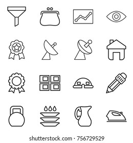 thin line icon set : funnel, purse, statistics, eye, medal, satellite antenna, home, panel house, dome, pencil, heavy, plate washing, jug, iron