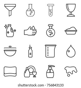 Thin line icon set : funnel, round flask, vial, wineglass, cleanser, acid, chemical, washing, cauldron, vegetable oil, measuring cup, drop, sponge, dish, liquid soap, spot