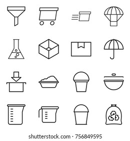 Thin line icon set : funnel, delivery, parachute, flask, box, package, dry cargo, washing, bucket, cauldron, measuring cup, garbage bag
