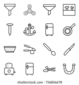 Thin line icon set : funnel, spinner, tools, nail, anchor, fridge, pan, colander, garlic clasp, big spoon, knife, toaster, scissors, horseshoe