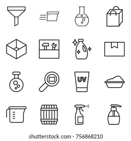 Thin line icon set : funnel, delivery, round flask, shopping bag, box, tools, cleanser, package, chemical, cargo search, uv cream, washing, measuring cup, barrel, sprayer, liquid soap