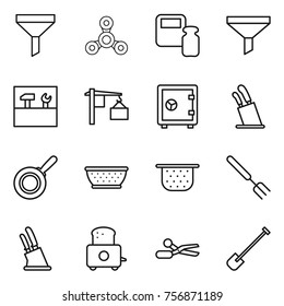 Thin line icon set : funnel, spinner, scales weight, tools, loading, safe, stands for knives, pan, colander, big fork, knife holder, toaster, scissors, shovel