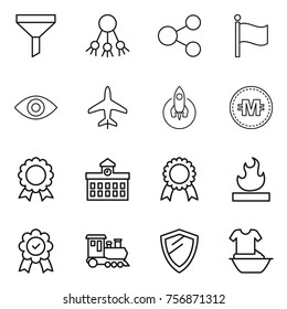 Thin line icon set : funnel, share, flag, eye, plane, rocket, crypto currency, medal, university, flammable, train, shield, handle washing