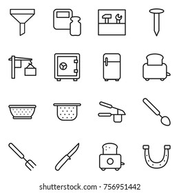 Thin line icon set : funnel, scales weight, tools, nail, loading, safe, fridge, toaster, colander, garlic clasp, big spoon, fork, knife, horseshoe