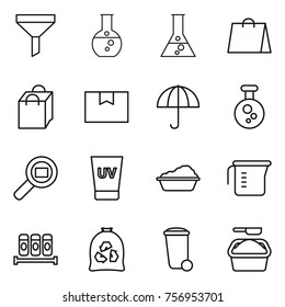 Thin line icon set : funnel, round flask, shopping bag, package box, dry cargo, chemical, search, uv cream, washing, measuring cup, spices, garbage, trash bin, powder