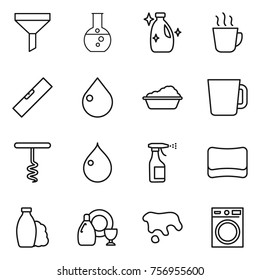 Thin line icon set : funnel, round flask, cleanser, hot drink, level, drop, washing, cup, corkscrew, sprayer, sponge, shampoo, dish, spot, machine