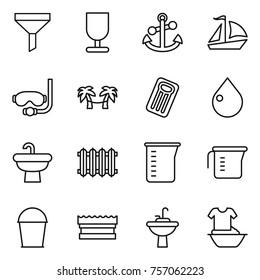 Thin line icon set : funnel, fragile, anchor, sail boat, diving mask, palm hammock, inflatable mattress, drop, sink, radiator, measuring cup, bucket, sponge, water tap, handle washing