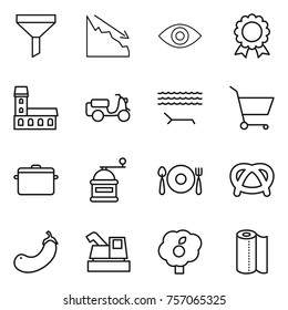 Thin line icon set : funnel, crisis, eye, medal, mansion, scooter shipping, lounger, cart, pan, hand mill, fork spoon plate, pretzel, eggplant, harvester, garden, paper towel