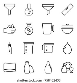 Thin line icon set : funnel, round flask, level, acid, chemical, cup, cauldron, vegetable oil, measuring, drop, sponge, shampoo, cleanser, dish