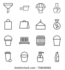Thin line icon set : funnel, delivery, parachute, round flask, shopping bag, loading crane, chemical, bucket, spices, barrel, trash bin, liquid soap, toilet cleanser