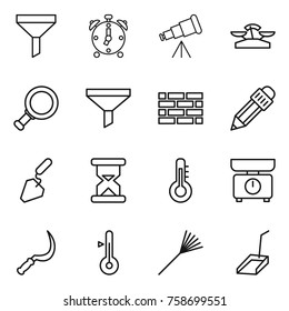 Thin line icon set : funnel, alarm clock, telescope, scales, magnifier, brick wall, pencil, construction, sand, thermometer, kitchen, sickle, rake, scoop