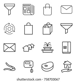Thin line icon set : funnel, newspaper, shopping bag, mail, around gear, houses, fountain, fridge, walnut crack, mixer, steake, housing