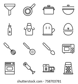 Thin Line Icon Set : Funnel, Pan, Cauldron, Vegetable Oil, Apron, Cook Glove, Egg Timer, Whisk, Skimmer, Big Spoon, Grill Oven, Blender, Food Processor, Grater