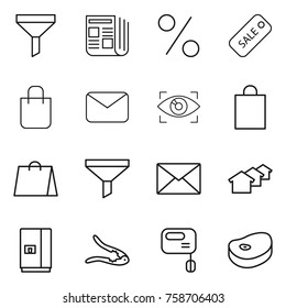 Thin line icon set : funnel, newspaper, percent, sale, shopping bag, mail, eye identity, houses, fridge, walnut crack, mixer, steake