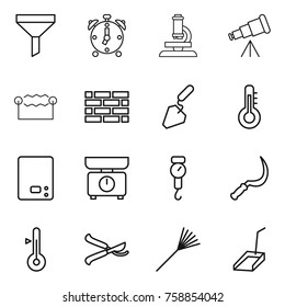 Thin line icon set : funnel, alarm clock, microscope, telescope, electrostatic, brick wall, construction, thermometer, kitchen scales, handle, sickle, pruner, rake, scoop
