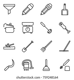 Thin line icon set : funnel, pencil, scoop, steam pan, kitchen scales, whisk, blender, soil cutter, shovel, fork, rake, sickle, vacuum cleaner, plunger, toilet brush