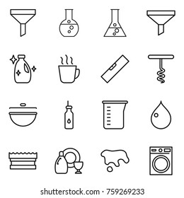 Thin line icon set : funnel, round flask, cleanser, hot drink, level, corkscrew, cauldron, vegetable oil, measuring cup, drop, sponge, dish, spot, washing machine