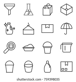 Thin line icon set : funnel, flask, shopping bag, box, cleanser, loading crane, package, dry cargo, search, washing, bucket, measuring cup