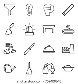 Thin line icon set : funnel, bulb, virtual mask, ruler, construction, alarm, table, hanger, vacuum cleaner, knife, meal cap, factory, watering can, broom, dish cleanser, foam basin