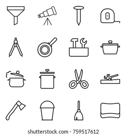 Thin line icon set : funnel, telescope, nail, measuring tape, drawing compasses, pan, repair tools, steam, scissors, soil cutter, axe, bucket, broom, sponge