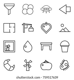 Thin line icon set : funnel, atom core, ufo, left arrow, plan, loading, heart pendant, landscape, flower in window, drop, table, bucket, croissant, windmill, tomato, microb