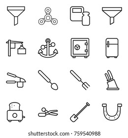 Thin line icon set : funnel, spinner, scales weight, loading, anchor, safe, fridge, garlic clasp, big spoon, fork, knife holder, toaster, scissors, shovel, horseshoe