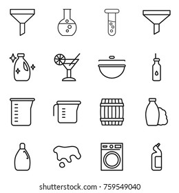 Thin line icon set : funnel, round flask, vial, cleanser, cocktail, cauldron, vegetable oil, measuring cup, barrel, shampoo, spot, washing machine, toilet
