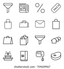 Thin line icon set : funnel, newspaper, percent, sale, shopping bag, mail, houses, fountain, fridge, mixer, steake