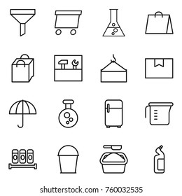 Thin line icon set : funnel, delivery, flask, shopping bag, tools, loading crane, package box, dry cargo, chemical, fridge, measuring cup, spices, bucket, washing powder, toilet cleanser