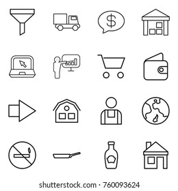 Thin line icon set : funnel, truck, money message, warehouse, notebook, presentation, cart, wallet, right arrow, house, workman, earth, no smoking, pan, ketchup