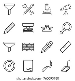 Thin line icon set : funnel, pencil wrench, microscope, telescope, market scales, magnifier, brick wall, level, barometer, kitchen, sickle, scoop