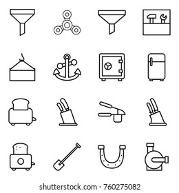 Thin line icon set : funnel, spinner, tools, loading crane, anchor, safe, fridge, toaster, stands for knives, garlic clasp, knife holder, shovel, horseshoe, water pump