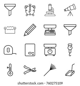 Thin line icon set : funnel, alarm clock, microscope, telescope, electrostatic, pencil, market scales, measuring tape, kitchen, handle, thermometer, pruner, rake, scoop