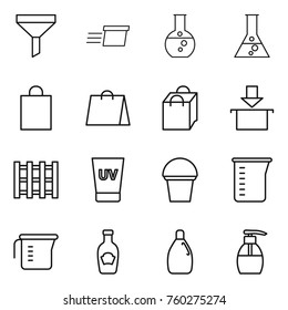 Thin line icon set : funnel, delivery, round flask, shopping bag, package, pallet, uv cream, bucket, measuring cup, ketchup, cleanser, liquid soap