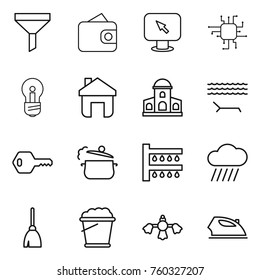 Thin line icon set : funnel, wallet, monitor arrow, chip, bulb, home, mansion, lounger, key, steam pan, watering, rain cloud, broom, foam bucket, hard reach place cleaning, iron