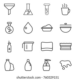 Thin line icon set : funnel, flask, vial, hot drink, chemical, drop, washing, cauldron, vegetable oil, measuring cup, sponge, shampoo, cleanser, liquid soap, spot