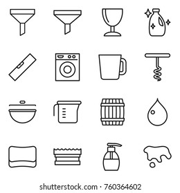 Thin line icon set : funnel, wineglass, cleanser, level, washing machine, cup, corkscrew, cauldron, measuring, barrel, drop, sponge, liquid soap, spot