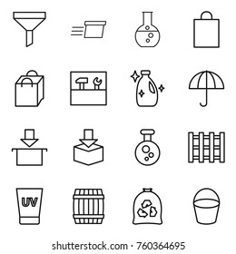 Thin line icon set : funnel, delivery, round flask, shopping bag, tools, cleanser, dry cargo, package, chemical, pallet, uv cream, barrel, garbage, bucket