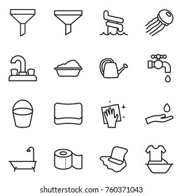 Thin line icon set : funnel, aquapark, jellyfish, water tap, washing, watering can, bucket, sponge, wiping, hand and drop, bath, toilet paper, floor, handle