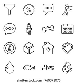 Thin line icon set : funnel, percent, message, courier, balloon, spark plug, bone, calendar, info, 3d, smart house, heart pendant, drop, fish, scissors, microb