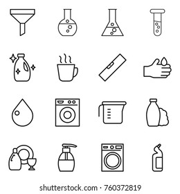 Thin line icon set : funnel, round flask, vial, cleanser, hot drink, level, acid, drop, washing machine, measuring cup, shampoo, dish, liquid soap, toilet