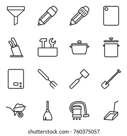 Thin line icon set : funnel, pencil, cutting board, stands for knives, repair tools, pan, kitchen scales, big fork, meat hammer, shovel, wheelbarrow, broom, vacuum cleaner, scoop