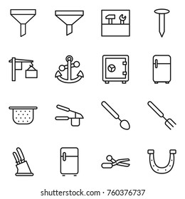 Thin line icon set : funnel, tools, nail, loading, anchor, safe, fridge, colander, garlic clasp, big spoon, fork, knife holder, scissors, horseshoe